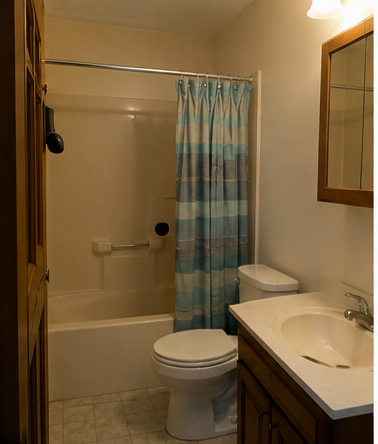 Bathroom before remodel &mdash; dated tub, worn vanity and finishes