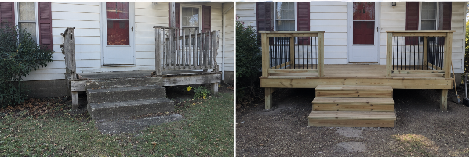 Deck before and after — rotted wood porch replaced with fresh pressure-treated cedar deck and black metal railing