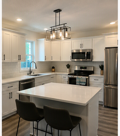 Full kitchen remodel — white shaker cabinets, quartz island, stainless appliances