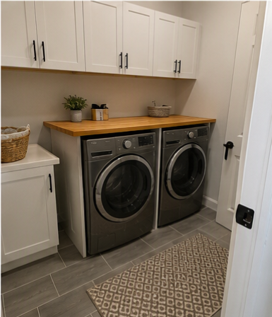 Laundry room build — white cabinetry, butcher block counter, tile floor